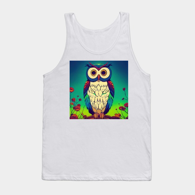 Colorful Owl on Branch Portrait Illustration - Bright Vibrant Colors Bohemian Style Feathers Psychedelic Bird Animal Rainbow Colored Art Tank Top by JensenArtCo